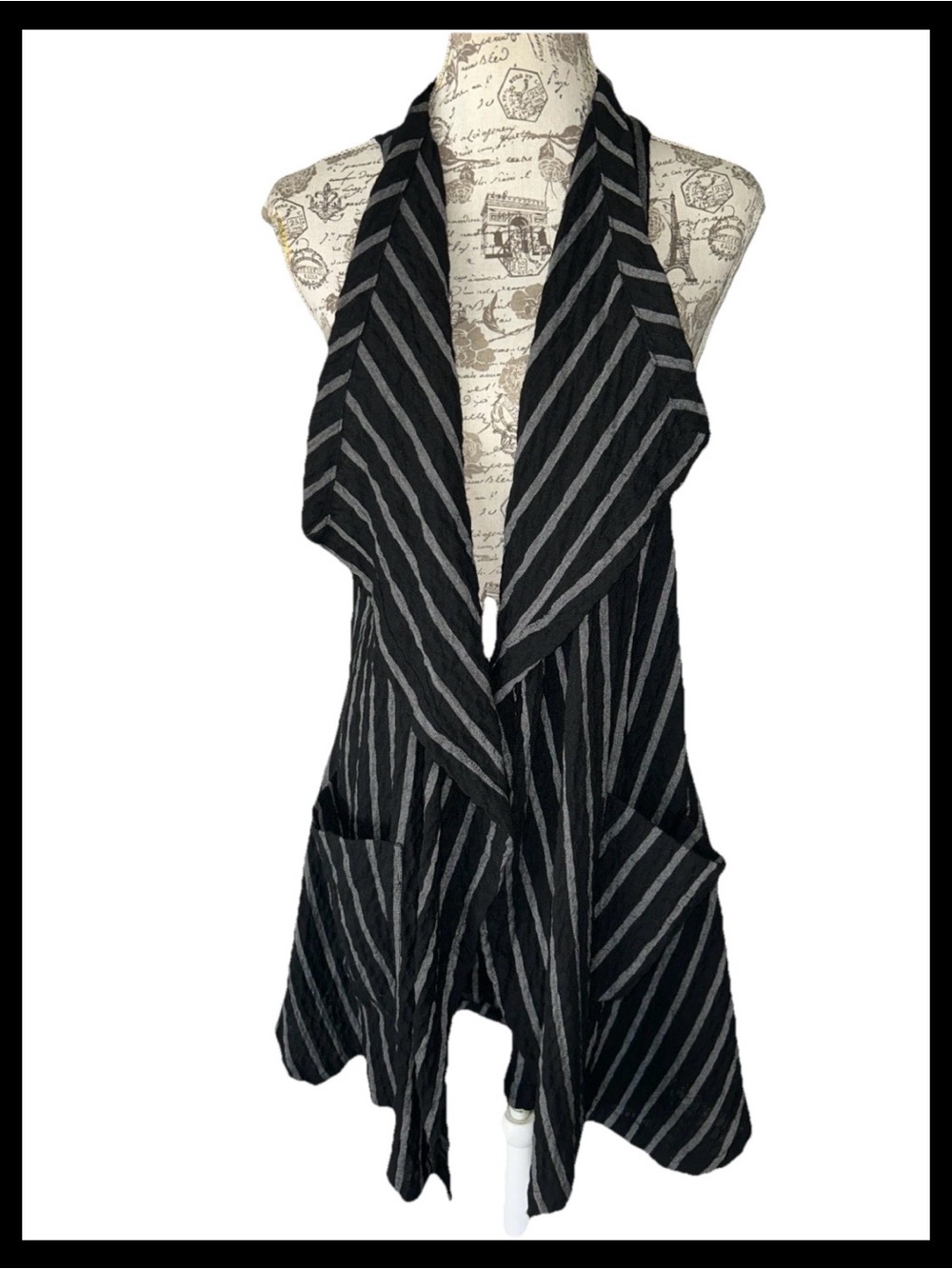 Alembika Lagenlook  Draped Ruffled Sleeveless Vest Black Gray Stripe Women’s OS